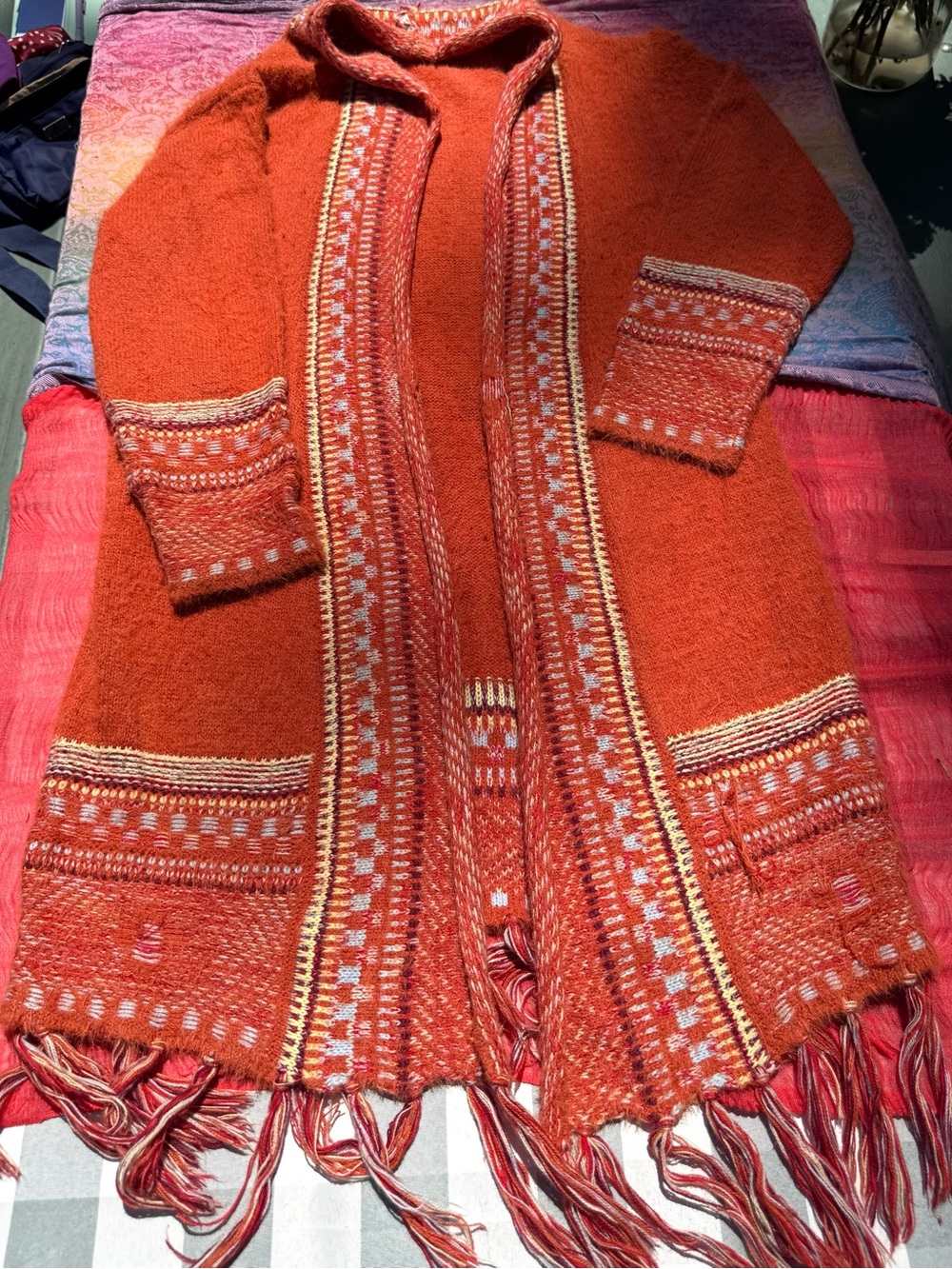 Women’s Orange Knit Fringe Cardigan Sweater